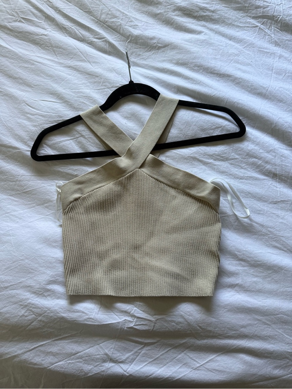 Aritzia Babaton Knit Cross-Back Crop Top in Light Beige